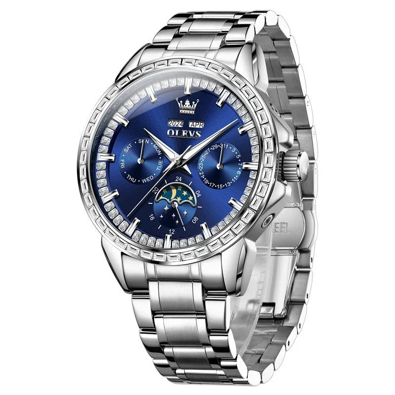 Men's automatic mechanical watch with diamond bezel and stainless steel strap on wrist.