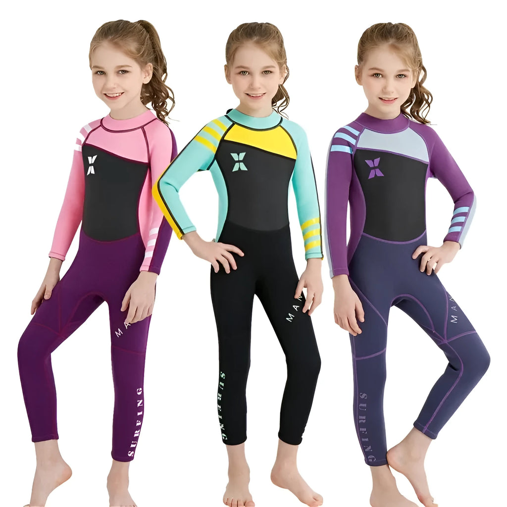 Children diving suit for girls SCR neoprene nylon wetsuit black pink colour front view