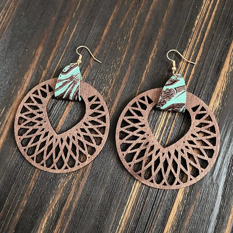 Retro wooden hollow mandala drop earrings with geometric round detailing, unisex, six styles, one pair