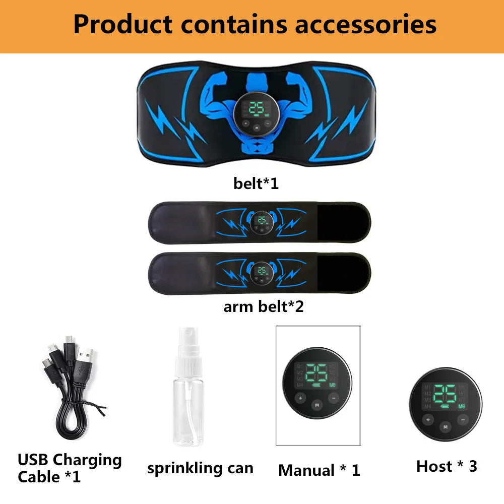 Blue EMS abdominal slimming belt with wireless remote control and arm stickers