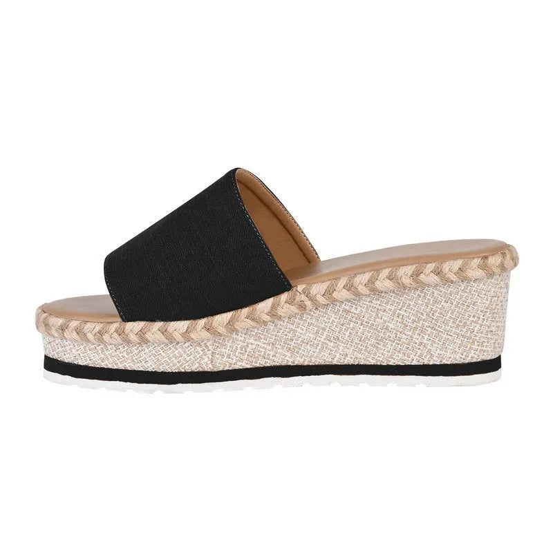 Women's wedge heel platform sandals with cloth upper and metal detail, plain style, front view