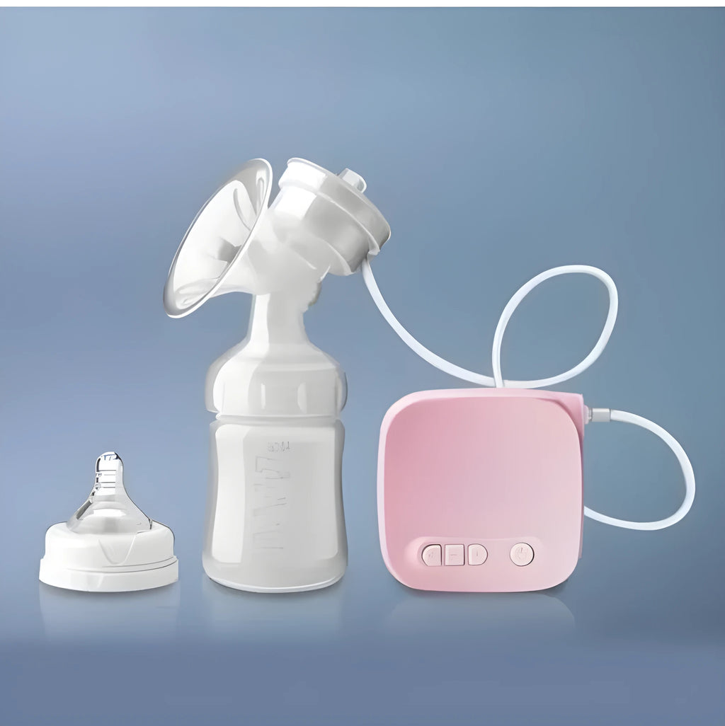 White electric breast milk pump kit with 150ml bottle and USB cable on a plain background