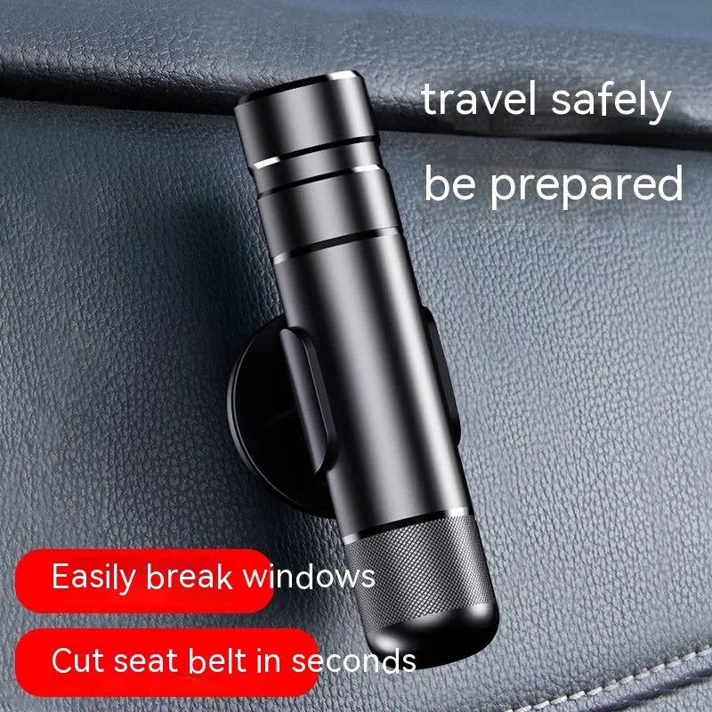 Aluminium alloy car safety escape hammer with textured finish on a dark background.