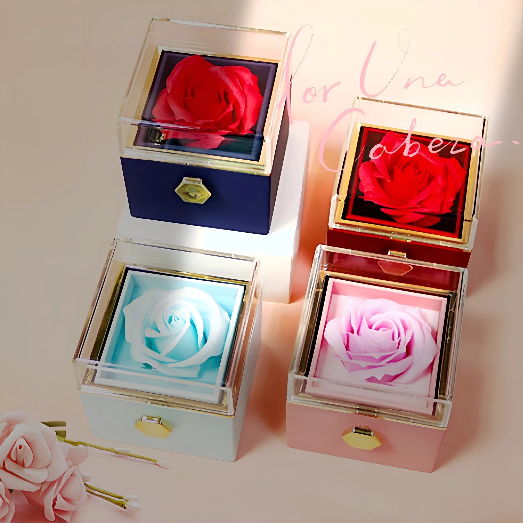 Rotating rose jewellery gift box with acrylic transparent cover showing preserved rose and rotating drawer open.