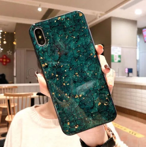 Hard clear silicone phone case with gold foil epoxy purple decoration for iPhone and Huawei smartphones