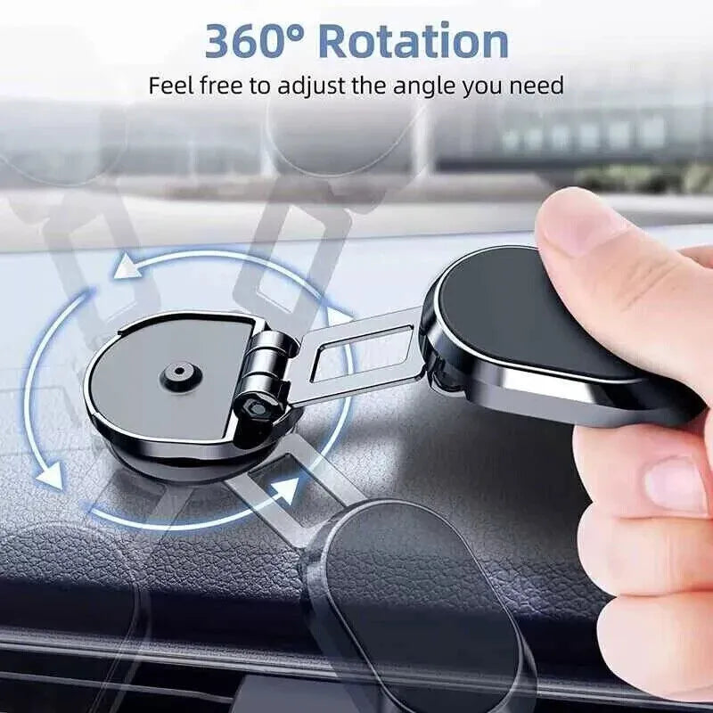 Stainless steel magnetic car phone holder with foldable bracket and 360-degree rotation