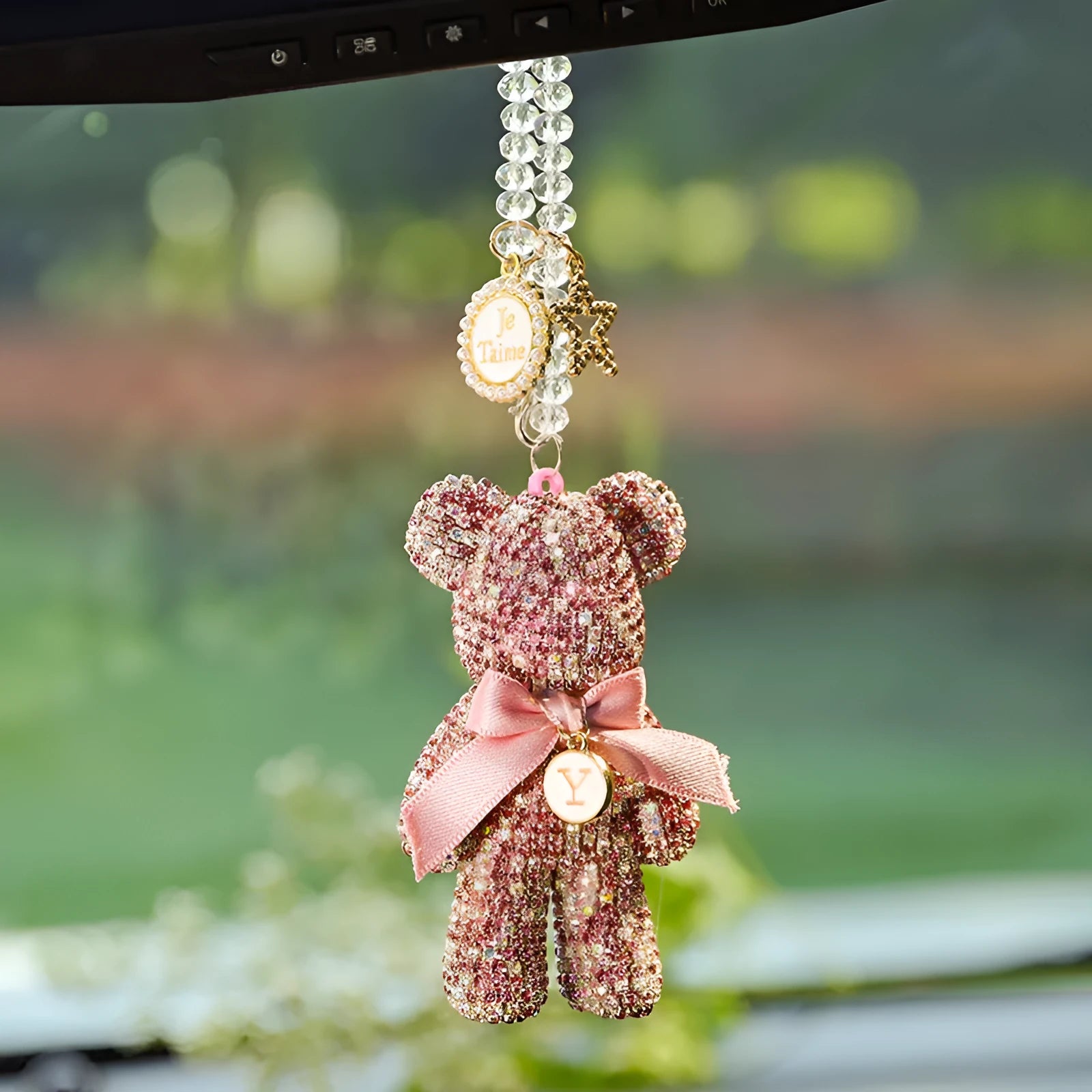 Violent bear car rearview mirror pendant with embedded artificial crystal rhinestones measuring 5x9cm