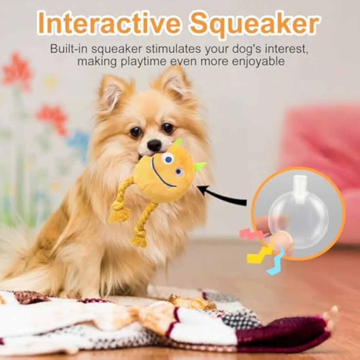 Two squeaky rope plush dog toys in blue and yellow colours for small and medium breed dogs