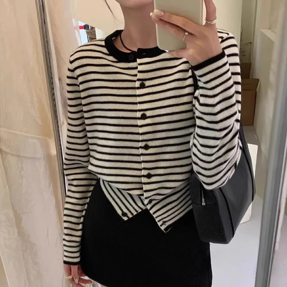Dark grey and white striped women's cardigan coat with short 40cm length and slim fit.