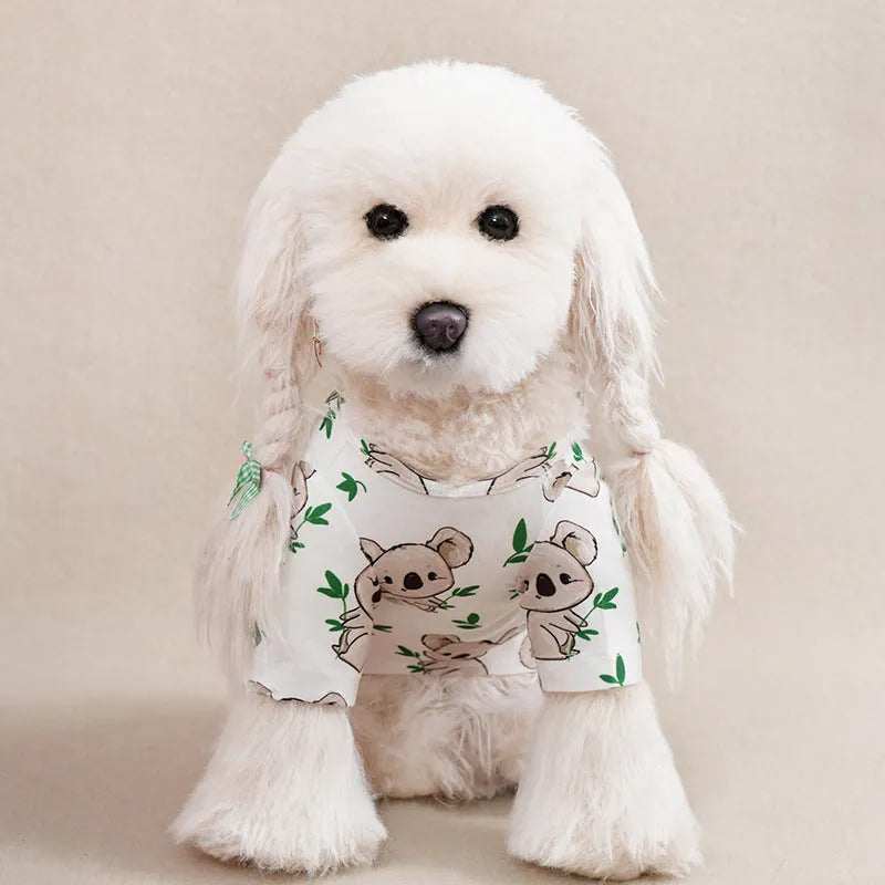Full printed polyester dog t-shirt in casual style for spring and autumn wear with size chart