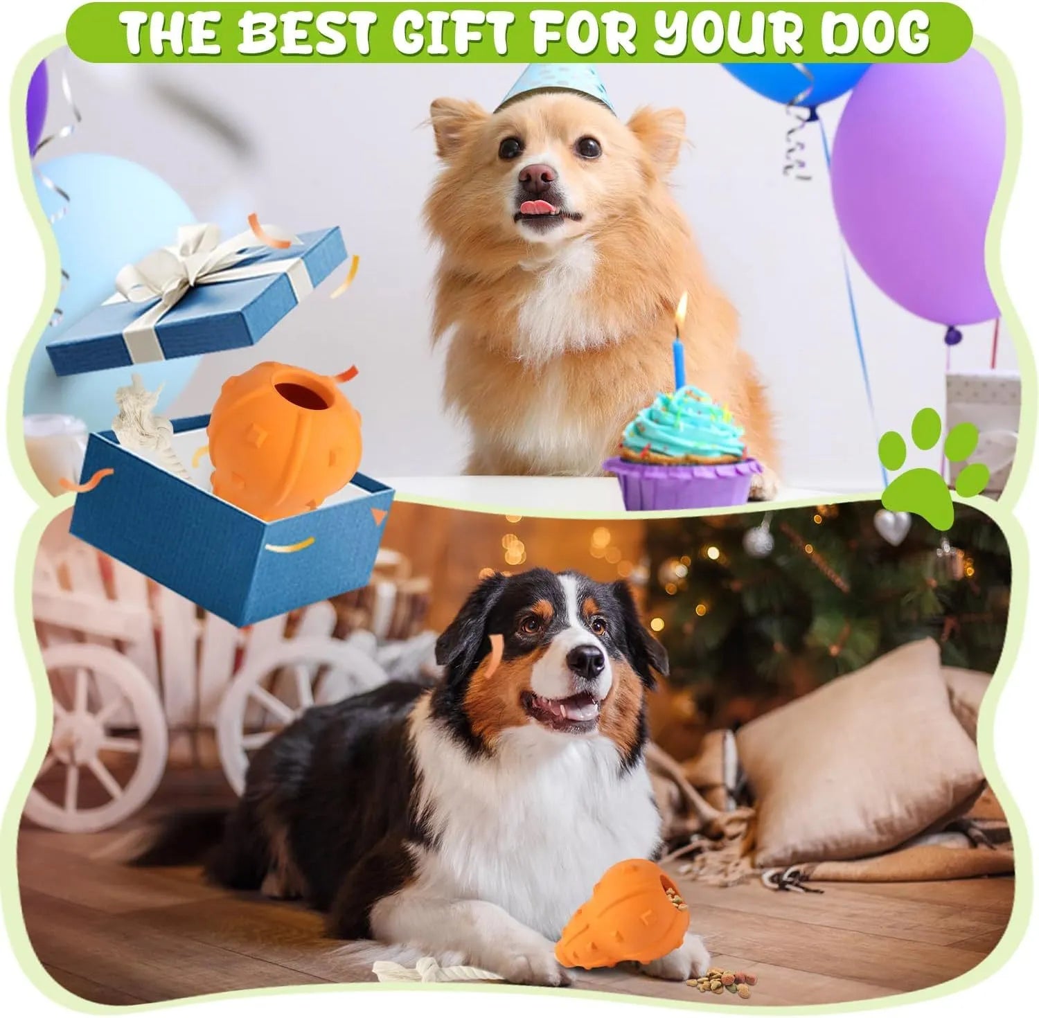 Natural rubber stuffable dog chew toy with a long strap for fetch, showing hollow treat-dispensing centre.