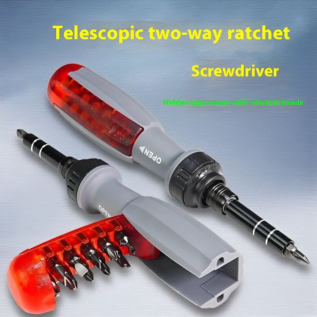 Ratchet screwdriver with two-way retractable chrome vanadium steel bits, ABS handle, and magnetic tip on white background