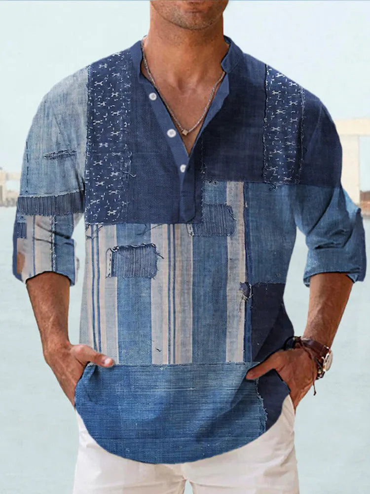 Man's thin casual long sleeve Hawaiian shirt with digital bamboo linen stripes in assorted colours.