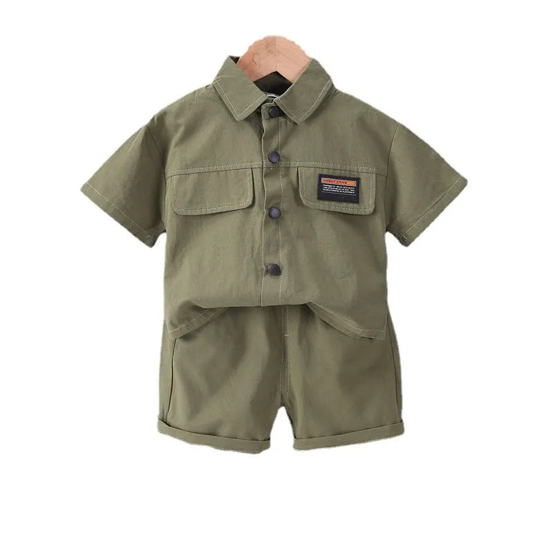Boys cotton short-sleeved shorts suit set in solid colour, available in green beige blue for heights 80-120cm