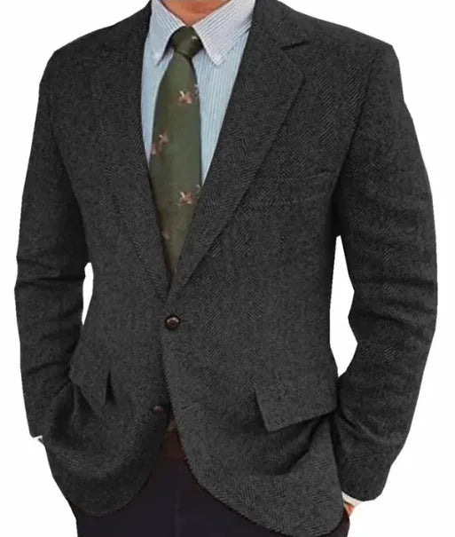 Brown herringbone pattern men's retro suit jacket with long sleeves on a hanger
