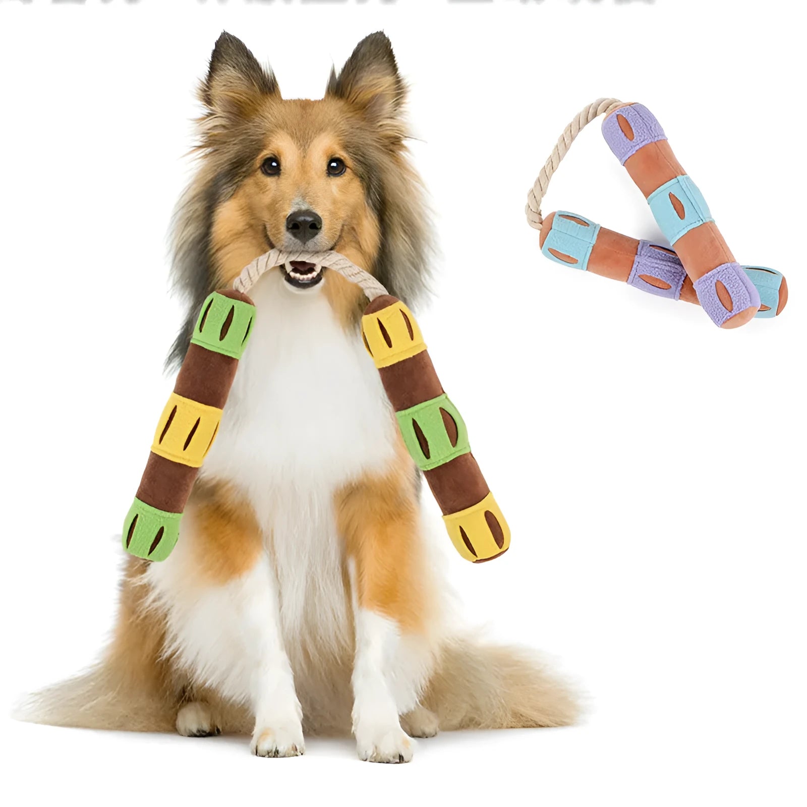 Purple and yellow plush dog snuffle mat with textured flaps for hiding treats