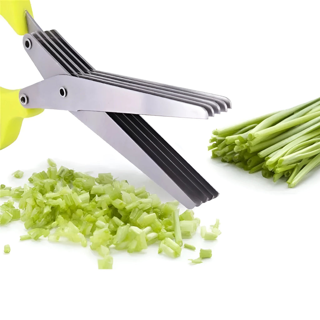 Green multi-layer stainless steel kitchen scissors for cutting herbs and green onions