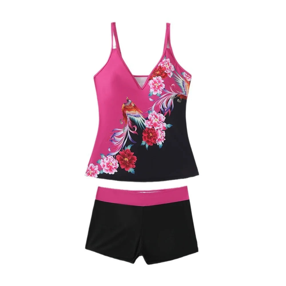 Women's plus size split design swimsuit in black or rose red with cotton lining and briefs style