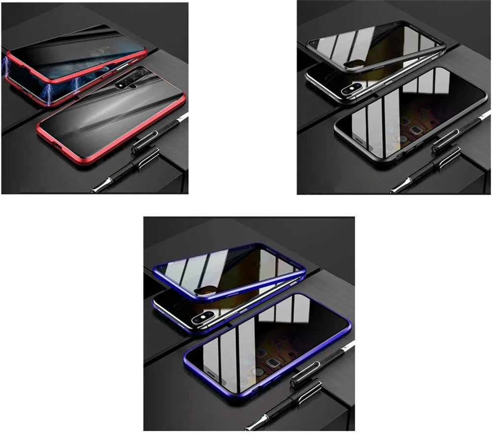 Magnetic privacy glass iPhone case with metal frame and 9H anti-peep front glass, 3-colour set