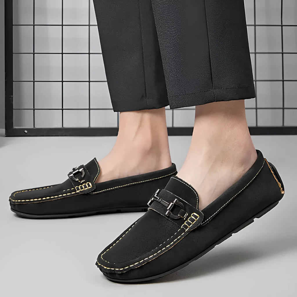 Men's casual leather slip-on loafers in beige with round toe and rubber sole