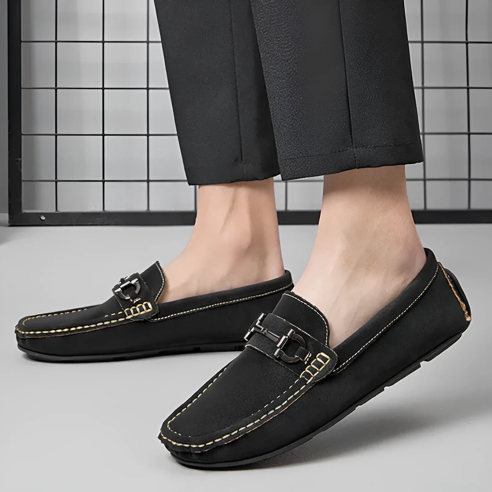 Men's casual leather slip-on loafers in beige with round toe and rubber sole
