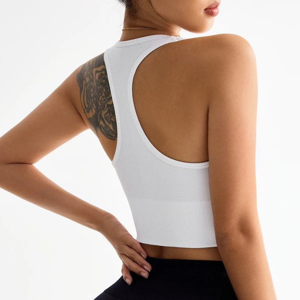 Black women's sports bra with cross-back design and moulded cups for running and yoga