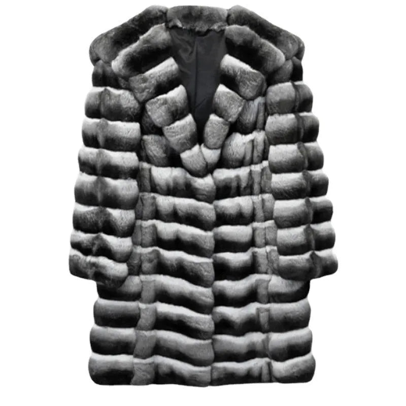 Women's zebra stripe pattern artificial mink faux fur mid-length coat on a hanger.