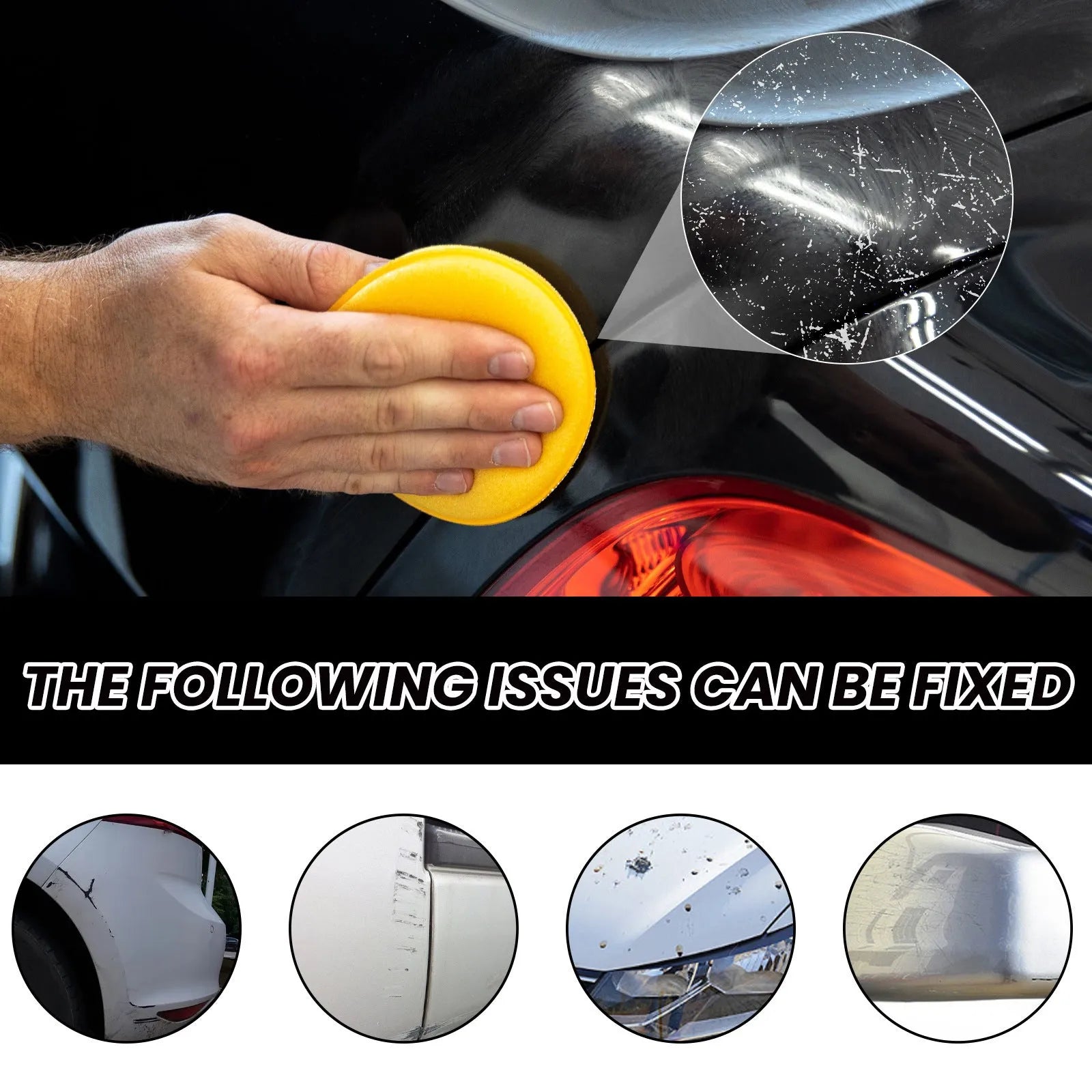 Car scratch wax polish kit with 120ml bottle, application sponge, and microfibre towel