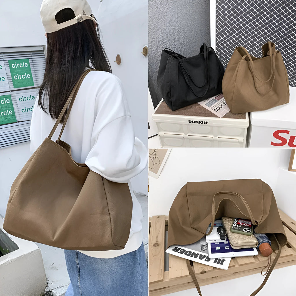 Women's solid colour canvas handbag with double shoulder straps and mobile phone pocket