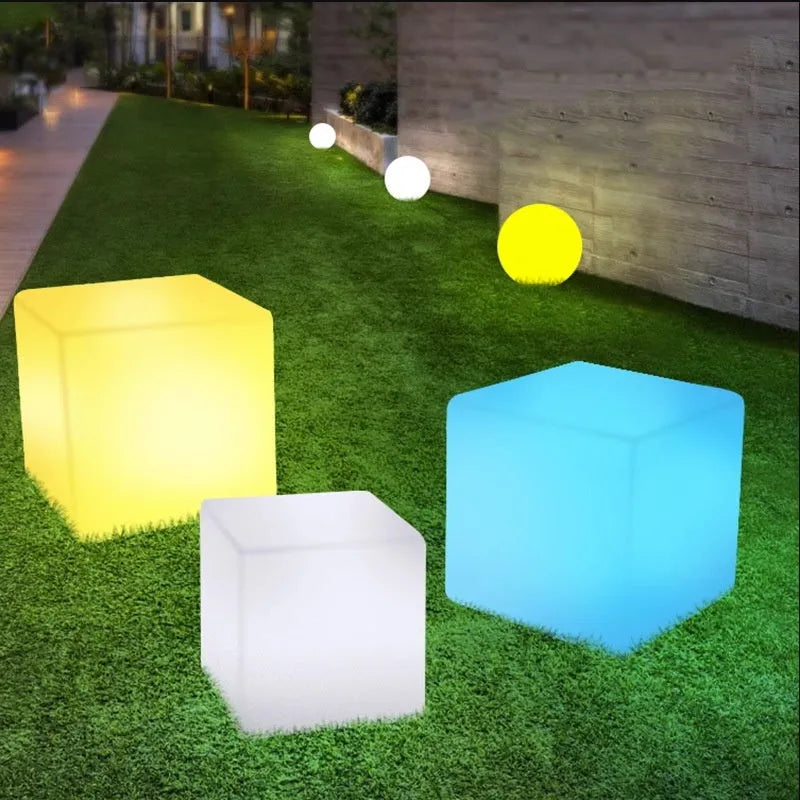 Square LED cube light with modern design in multiple sizes with solar panel or rechargeable options