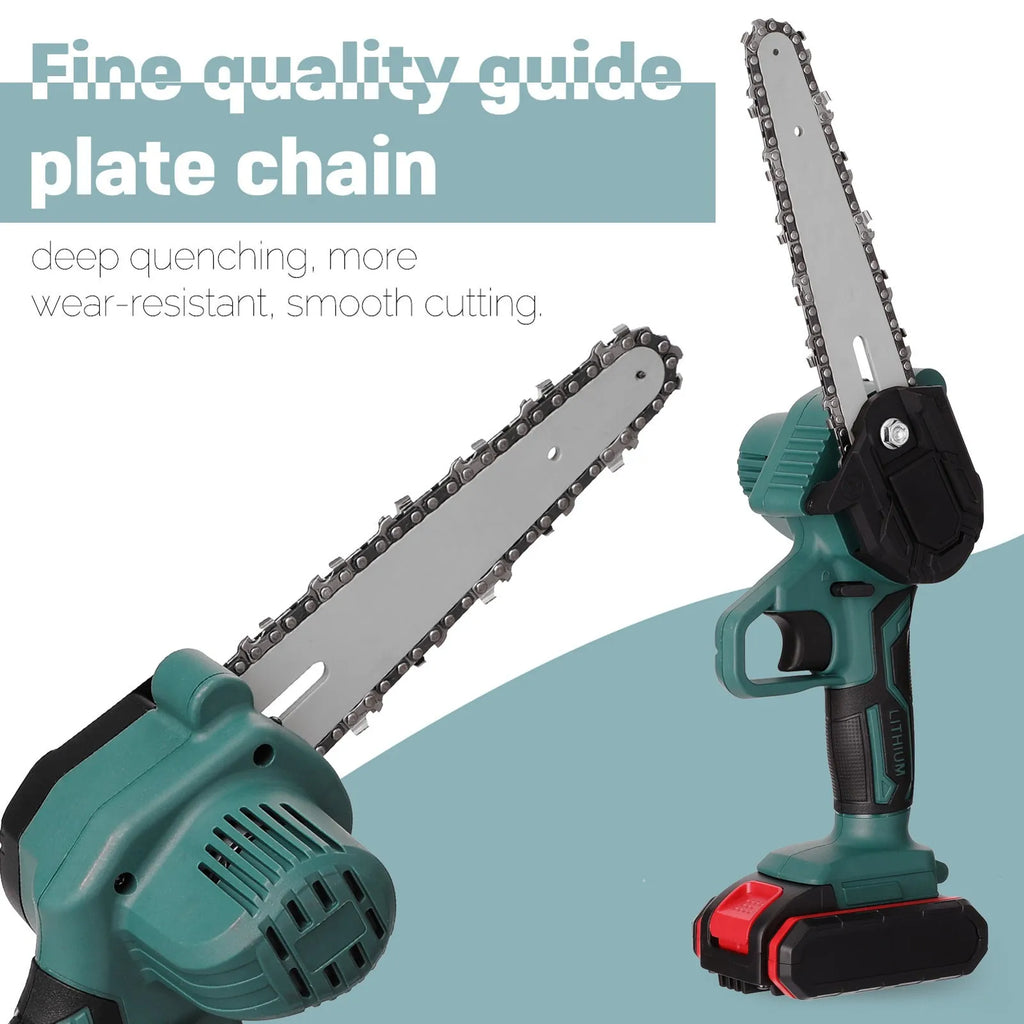 Green cordless mini electric chainsaw held in one hand, showing 4 inch guide bar and compact body.