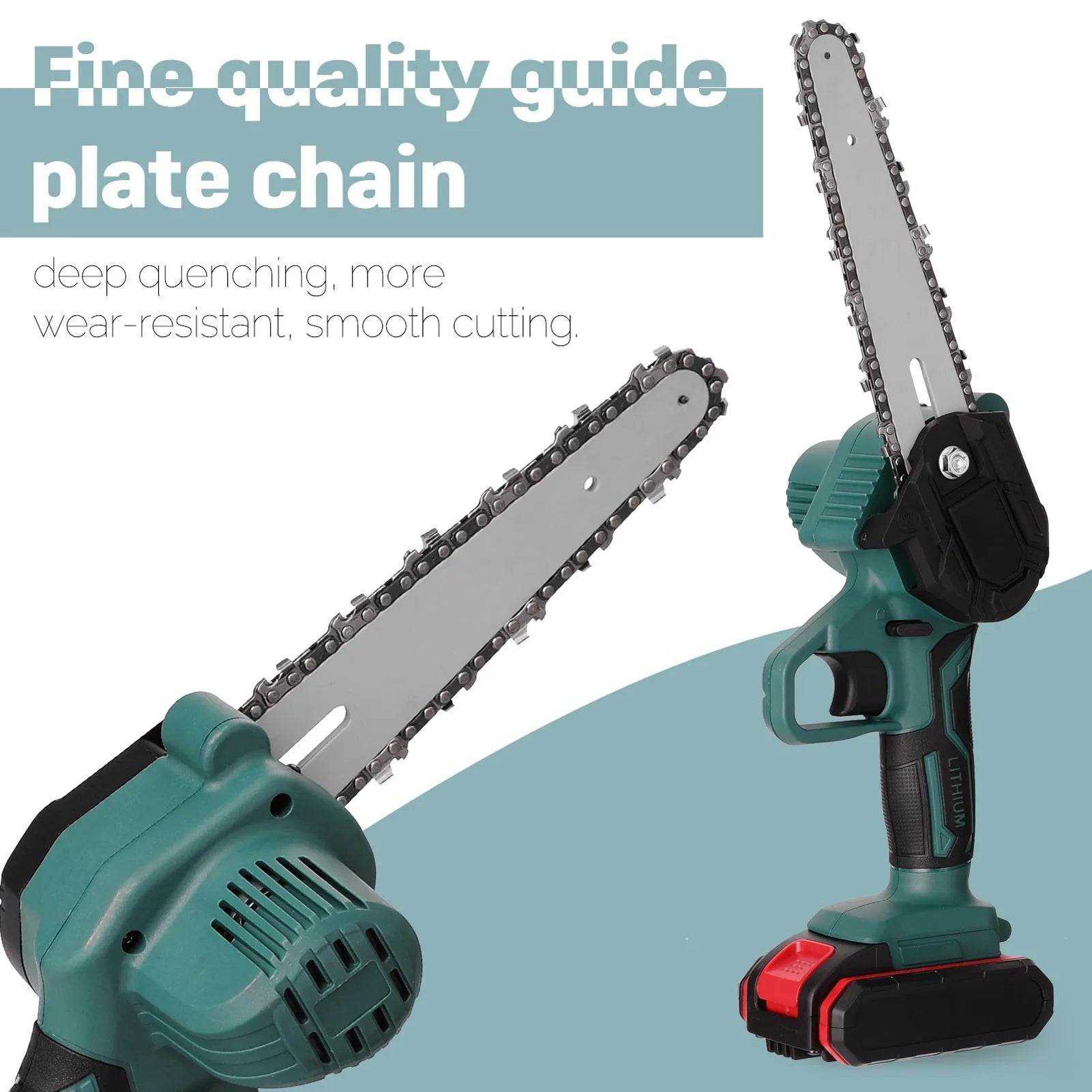 Green cordless mini electric chainsaw held in one hand, showing 4 inch guide bar and compact body.