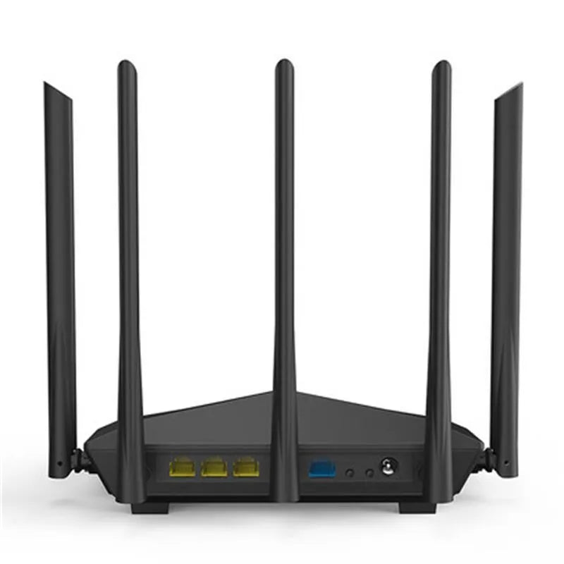 Black AC11 wireless router showing four Gigabit Ethernet ports on the back.