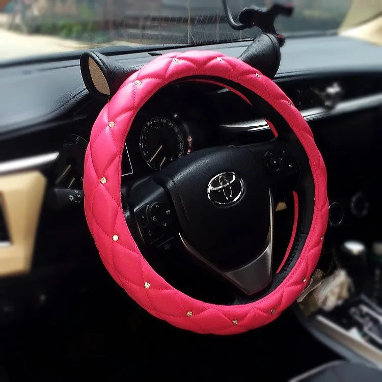 PU leather steering wheel cover with rhinestones, super cute ear series, 36cm or 38cm, in black or rose red