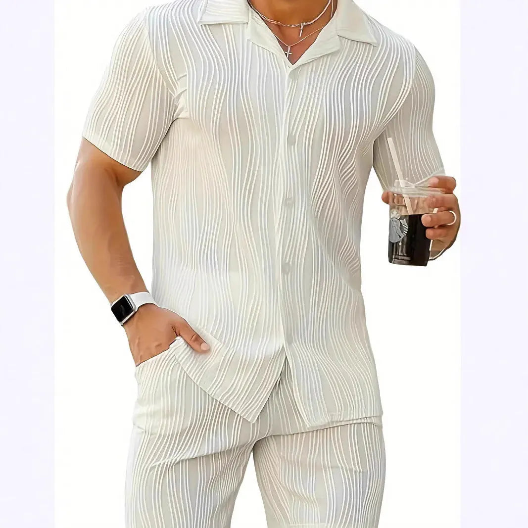 Men's black wave pattern shorts suit set with short sleeve shirt and matching shorts on hanger