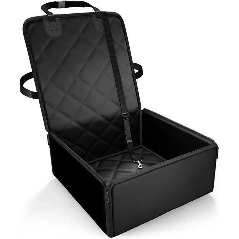 Large square black dog car seat protector with non-slip base on a vehicle front seat.