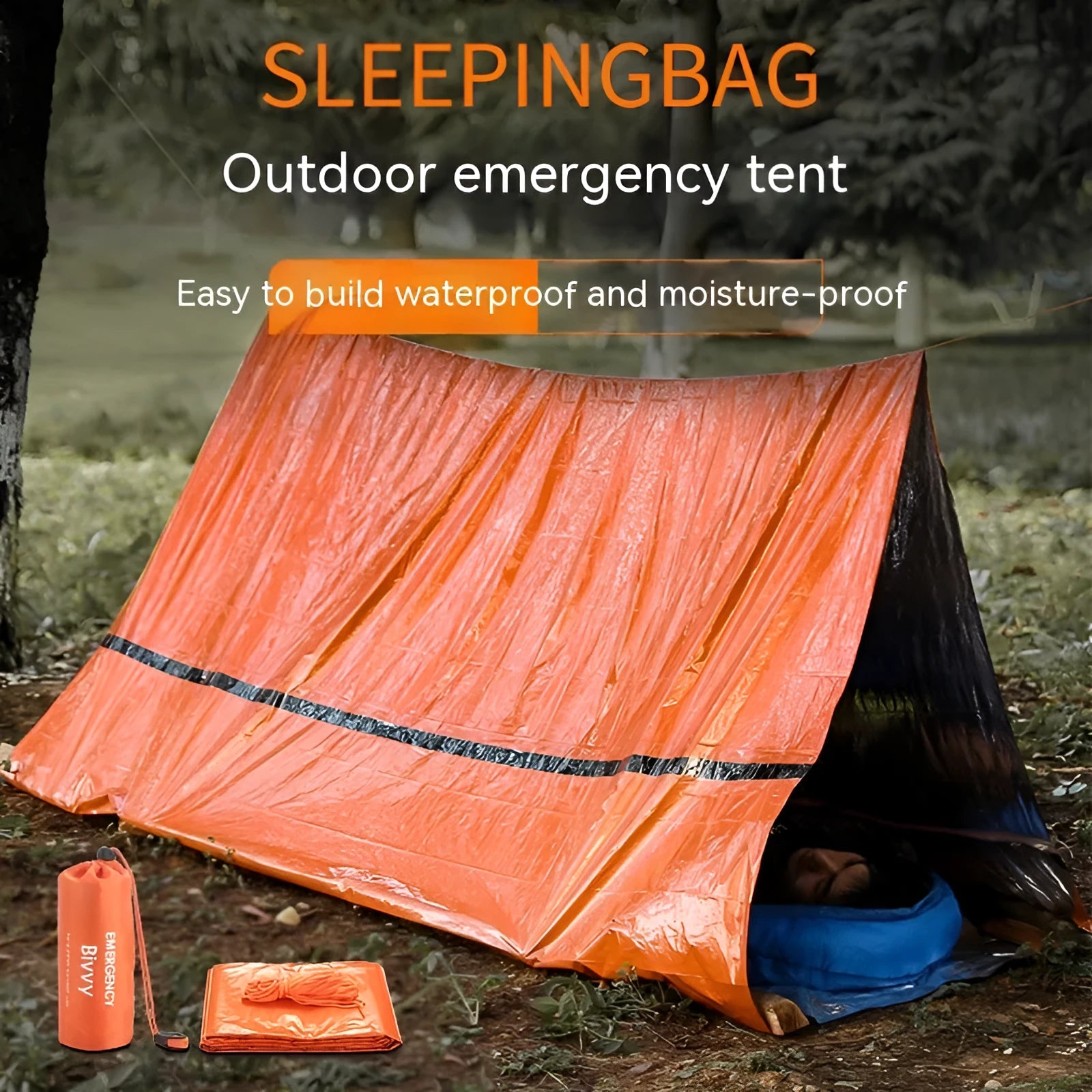 Orange disaster relief tent with sleeping bag and raincoat emergency package
