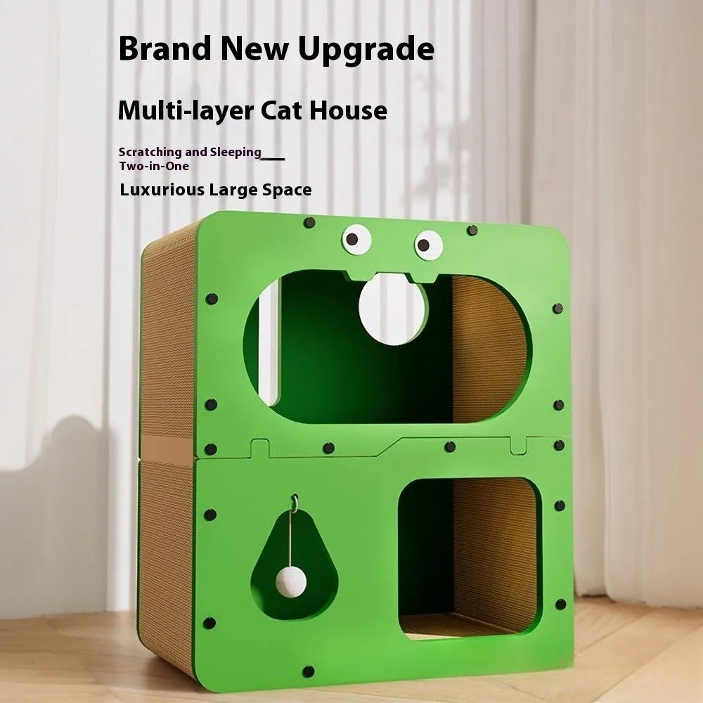 Double layer cat scratching board and enclosed nest in a choice of owl, big eyes, or cat head styles.