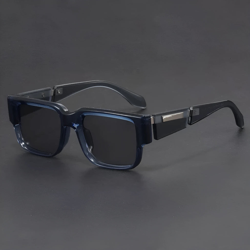 Blue grey square frame sunglasses with thick construction and UV-protective lenses