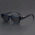Blue grey square frame sunglasses with thick construction and UV-protective lenses