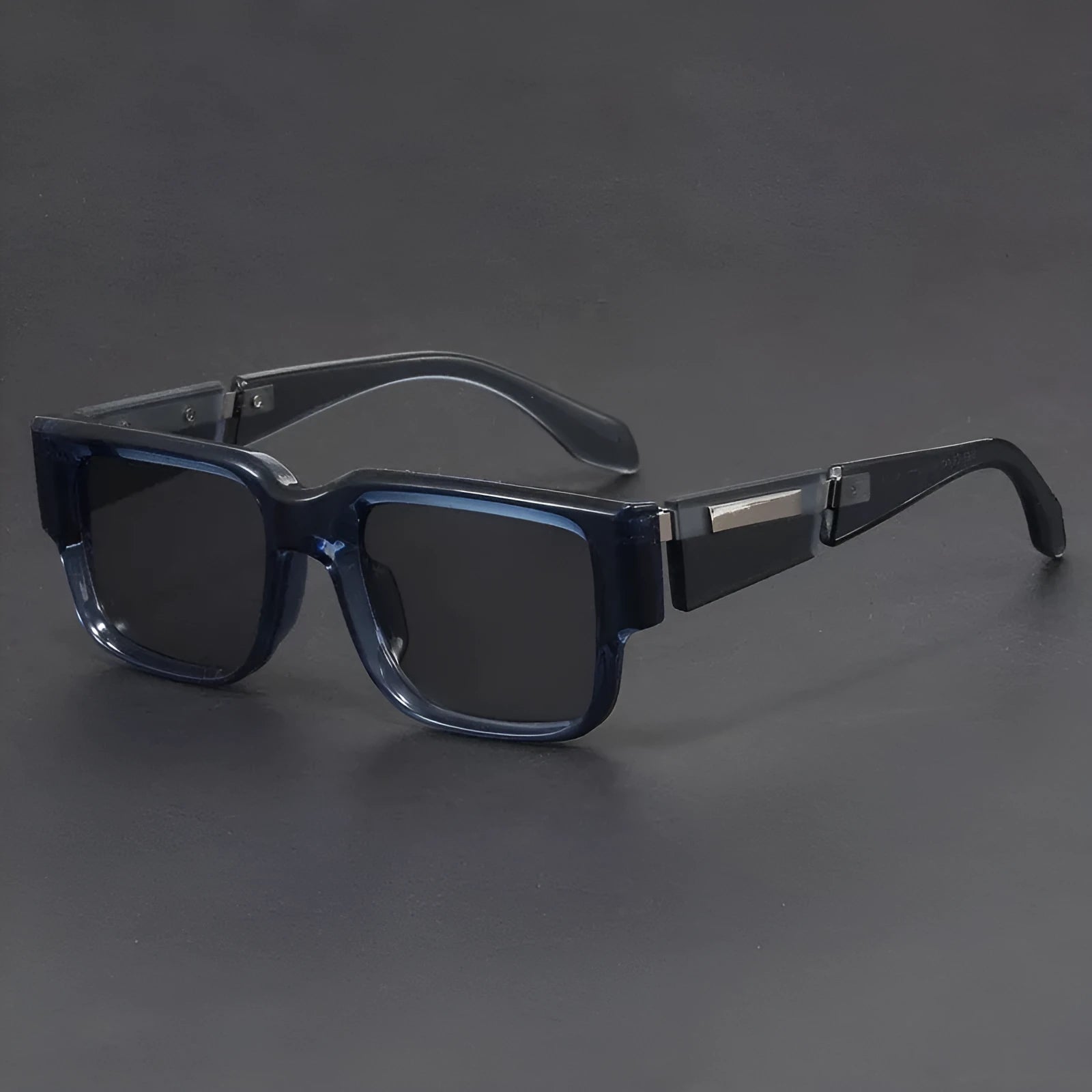 Blue grey square frame sunglasses with thick construction and UV-protective lenses
