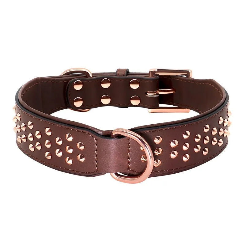 Leather dog collar with metal anti-bite rivets in chocolate, pink, or black colour for medium to large dogs
