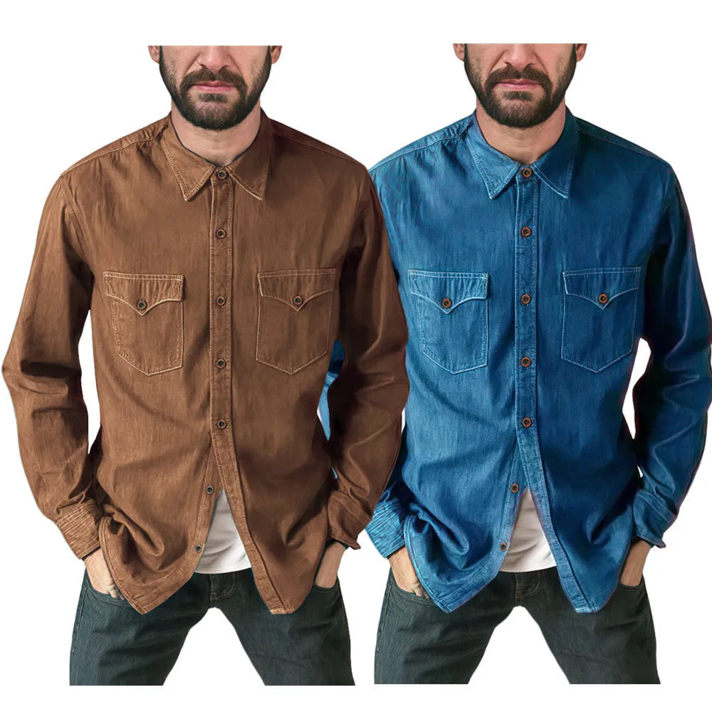 A regular fit denim cardigan coat available in khaki, black, blue, and grey colours.