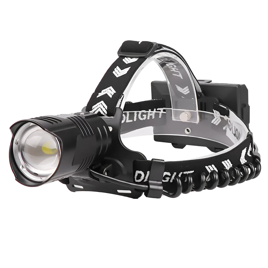 Black USB rechargeable aluminium alloy zoom headlight with storage box, showing telescopic lens and power display.