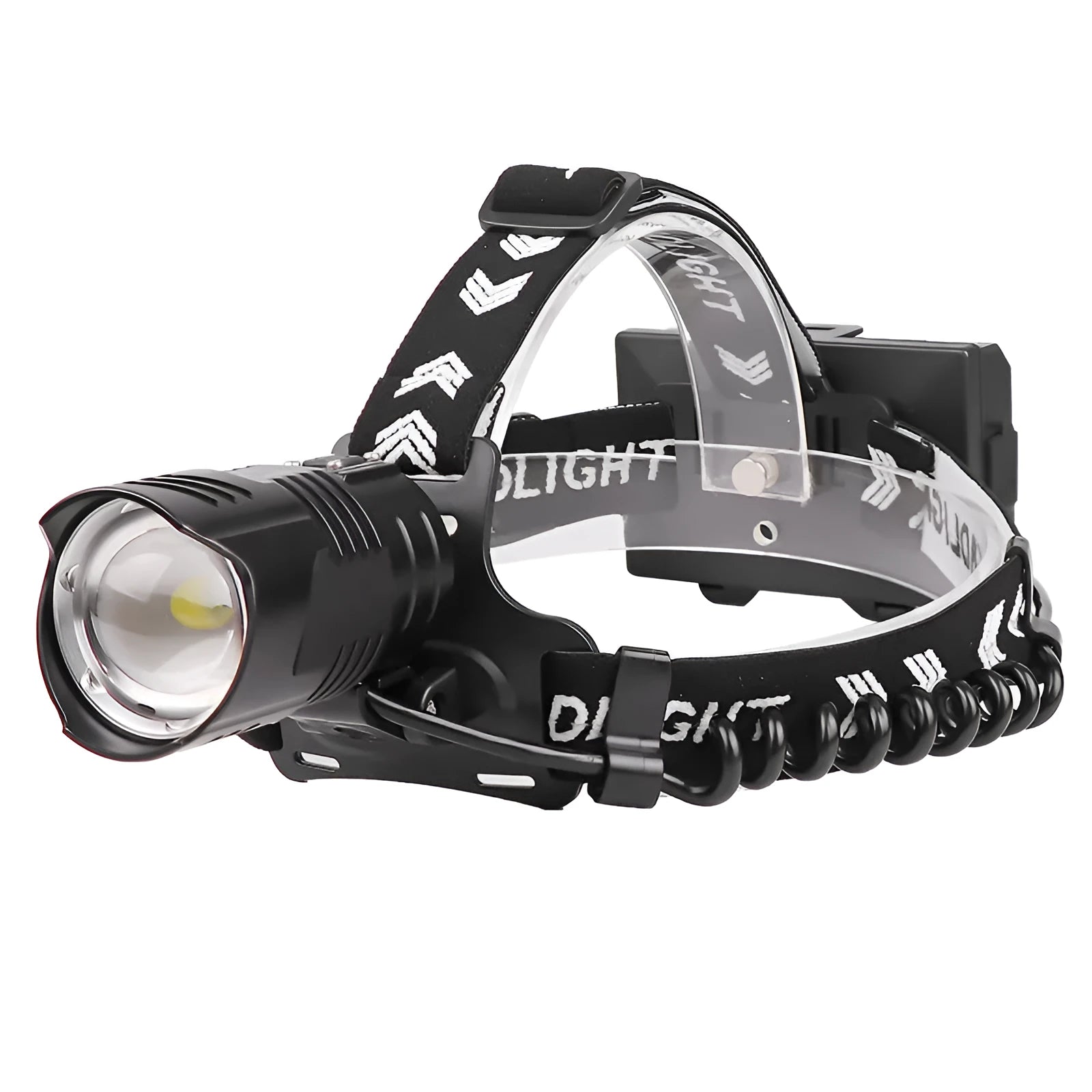 Black USB rechargeable aluminium alloy zoom headlight with storage box, showing telescopic lens and power display.