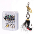 Five bionic mosquito fishing hooks with spinning sequins in multicolour patterns