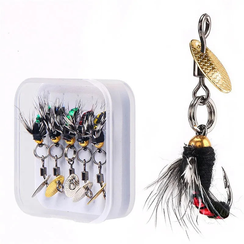Five bionic mosquito fishing hooks with spinning sequins in multicolour patterns