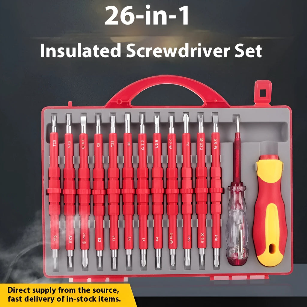 26-in-1 electrician screwdriver set with Cr-V steel bits, plastic handle, red colour