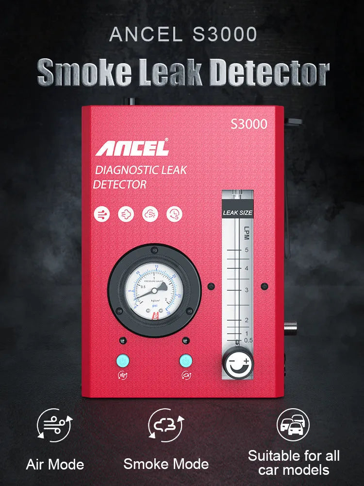 S3000 model car smoke detector and vacuum leak diagnostic tool on a workbench
