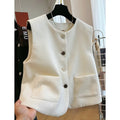 Women's beige round neck sleeveless bandage vest, French style, on a hanger.